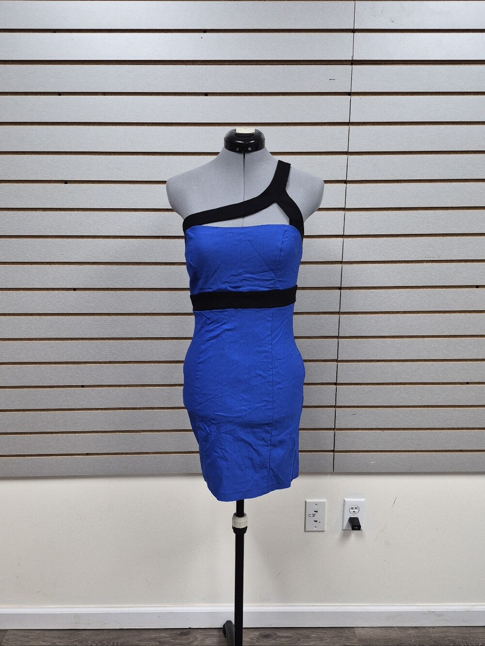 Blue One-Shoulder Bodycon Dress with Black Trim